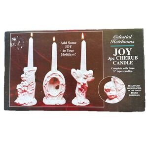3 VINTAGE WHITE CERAMIC JOY 5" ANGEL CHERUB CANDLESTICKS HOLDERS IN BOX